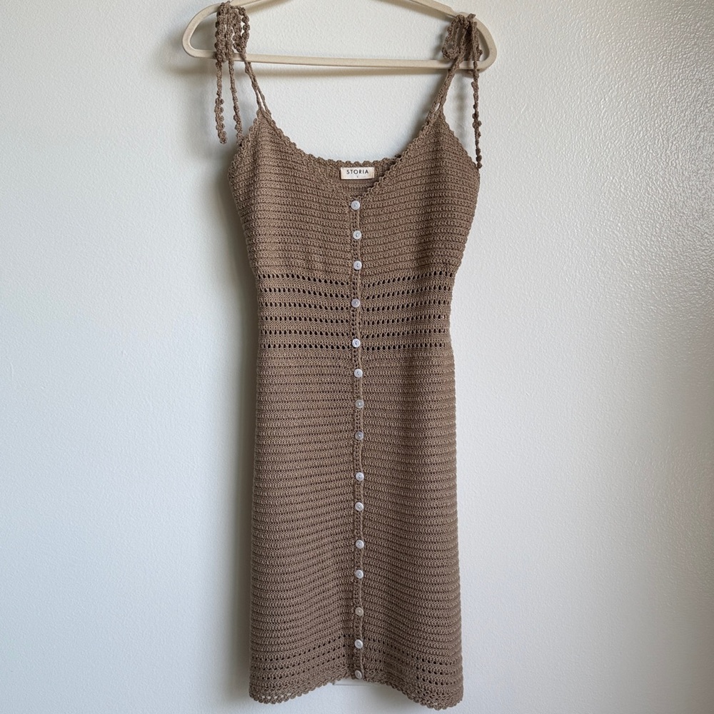 Storia Brown Tan Knit Button Mini Dress with Spaghetti Bow Tie Straps Large